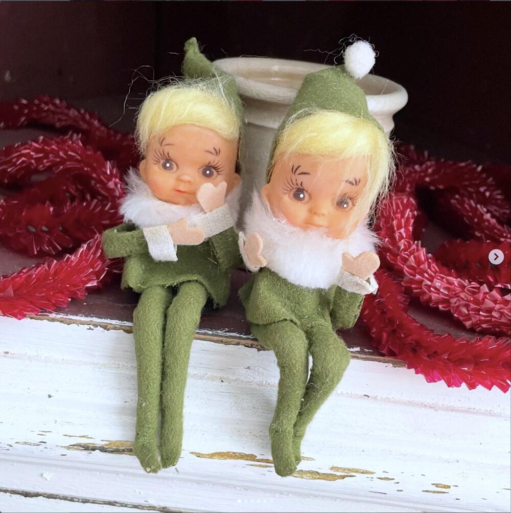 Vintage Christmas Knee Hugger Elf Pixie Rubber Face Blonde Hair Japan PAIR